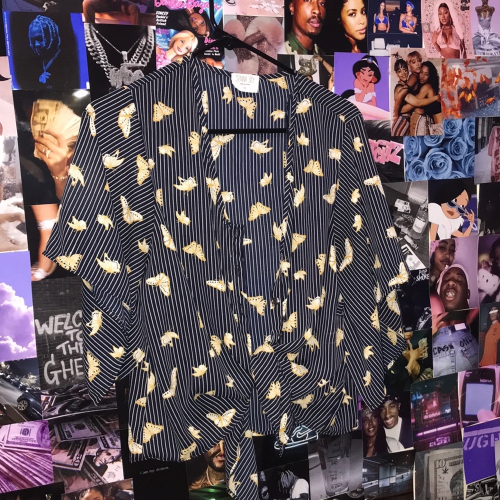 Navy Blue Stripped Blouse With Gold Butterflies